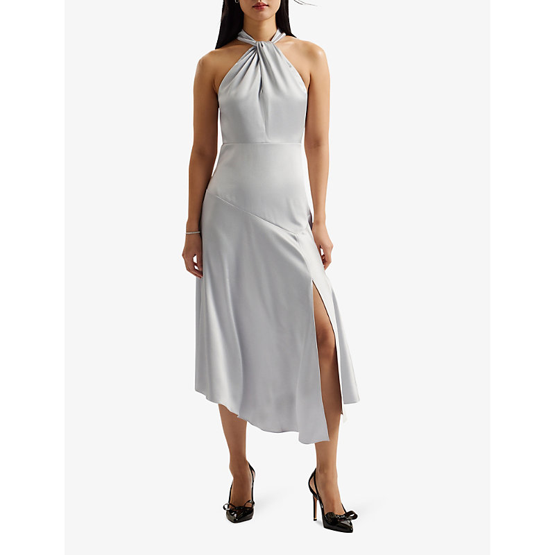 Shop Ted Baker Womens Lt-grey Masae Twist-neck Asymmetric-hem Woven Midi Dress