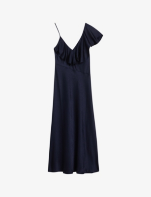 Ted Baker Womens Navy Keomi Ruffle-trim V-neck Satin Midi Dress In Navy