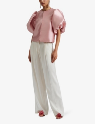 Shop By Malina Cleo Round-neck Puff-sleeve Woven Blouse In Blush