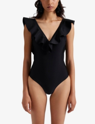 Shop Malina Women's Black Paola V-neck Ruffled Stretch-woven Swimsuit
