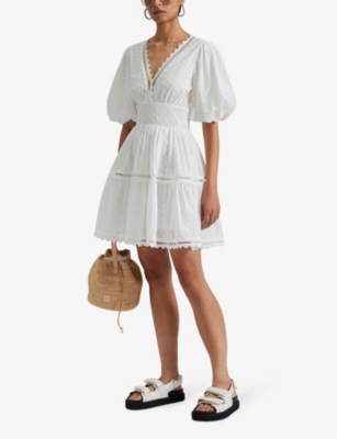Shop By Malina Malina Womens White Elvira V-neck Smocked-waist Cotton Mini Dress