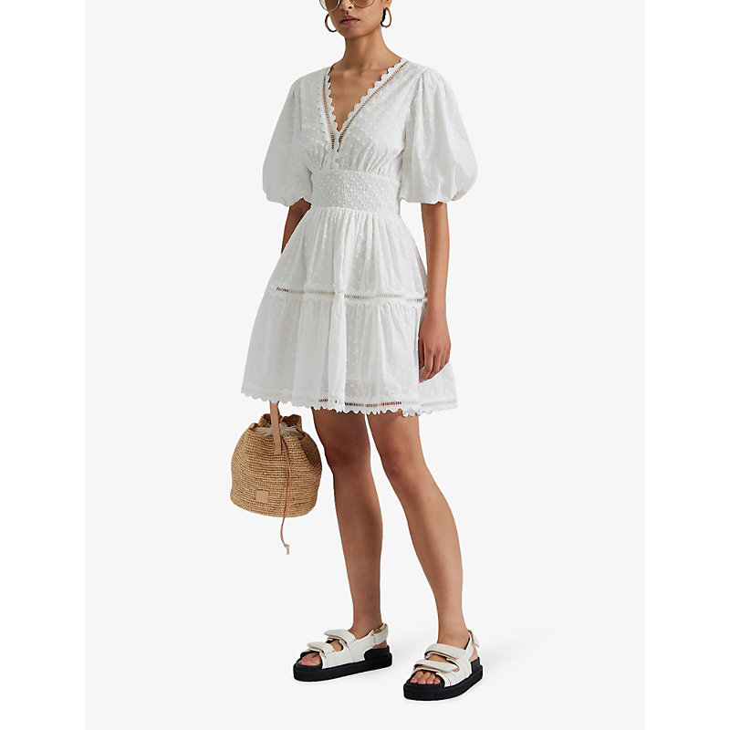 Shop By Malina Elvira V-neck Smocked-waist Cotton Mini Dress In White