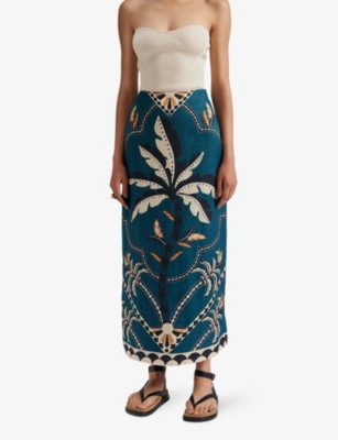 Shop By Malina Womens Desert Palm Dune Floral-print Straight-fit Linen-blend Midi Skirt