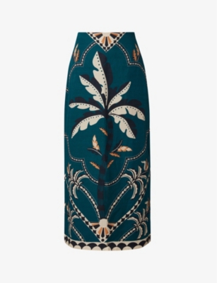 Shop By Malina Womens Desert Palm Dune Floral-print Straight-fit Linen-blend Midi Skirt