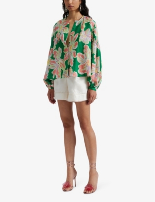 Shop By Malina Noelle Floral-print Pleated-front Woven Blouse In Green Lily