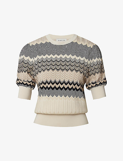 MALINA: Claudi graphic-print puff-sleeve knitted top