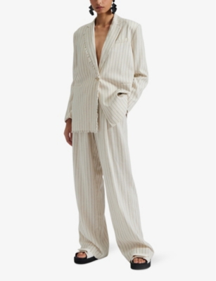 Shop By Malina Malina Women's Natural Pinstripe Ariana Fringe-trim Relaxed-fit Linen Blazer