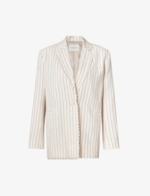 Shop By Malina Malina Women's Tural Pinstripe Ariana Fringe-trim Relaxed-fit Linen Blazer In Natural Pinstripe