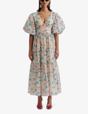 Shop By Malina Malina Womens Florals Freya Floral-print Puff-sleeve Linen-blend Midi Dress