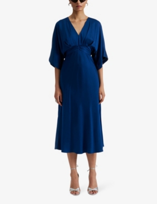 By Malina Womens Midnight Blue Juno V-neck Wide-sleeve Satin Midi Dress In Midnight Blue