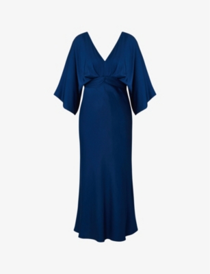 By Malina Womens Midnight Blue Juno V-neck Wide-sleeve Satin Midi Dress In Midnight Blue