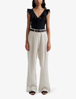 By Malina Womens Natural Pinstripe Carlotta Wide-leg High-rise Linen Trousers In Natural Pinstripe
