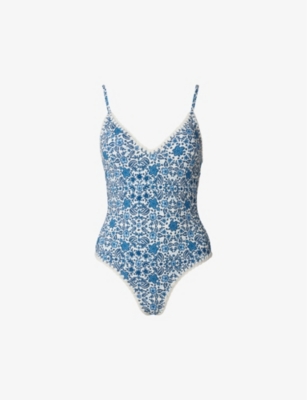 MALINA: Nila V-neck crochet-trim recycled-nylon swimsuit