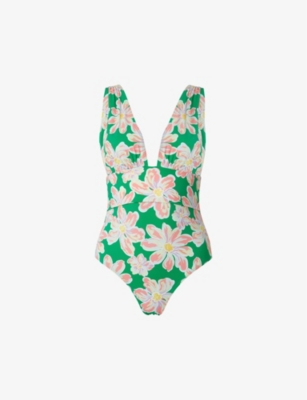 Malina Womens Green Lily Alvina Floral-print Plunge-neck Recycled-nylon Swimsuit