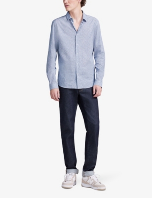 Shop Ikks Men's Navy Floral-motif Slim-fit Cotton Shirt