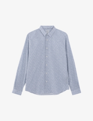 Shop Ikks Men's Navy Floral-motif Slim-fit Cotton Shirt