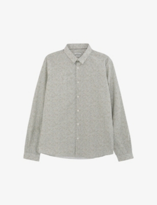 Ikks Mens Pistachio Floral-print Slim-fit Cotton Shirt