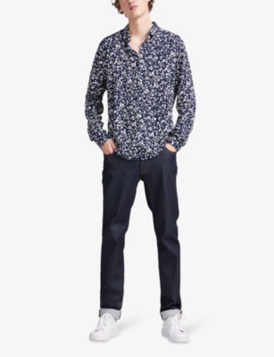 Shop Ikks Men's Navy Floral-print Relaxed-fit Woven Shirt