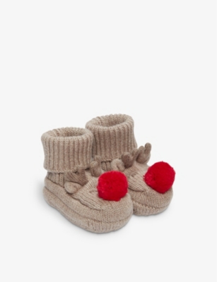 THE LITTLE WHITE COMPANY: Jingles Reindeer knitted organic-cotton booties 0-12 months