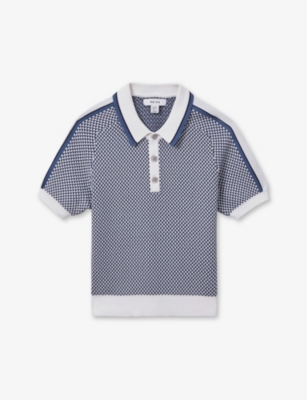 Shop Reiss Boys Blue Kids Brunswick Graphic-weave Knitted Polo Shirt 3-14 Years