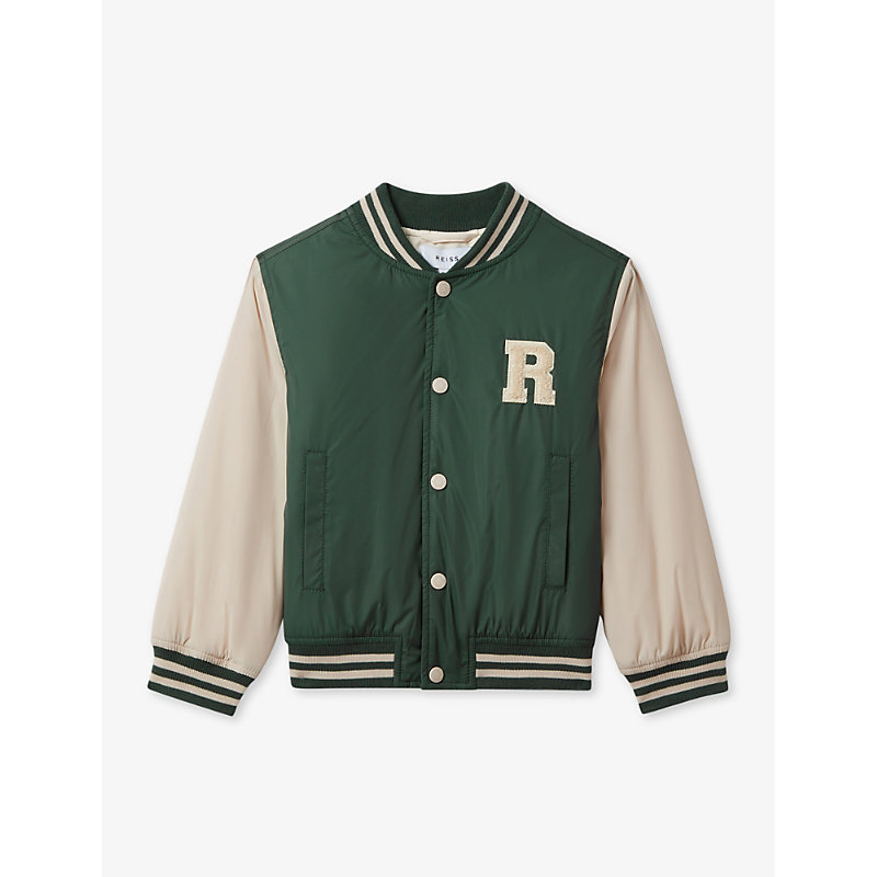 Shop Reiss Arkan Textured-lettering Shell Bomber Jacket 3-14 Years In Green/stone