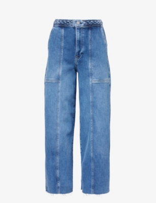 Shop Frame Braided Wide-leg High-rise Stretch Denim-blend Jeans In Daphne Blue Clean