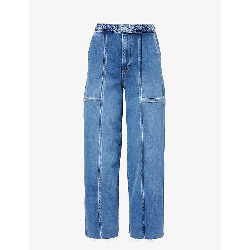 Shop Frame Braided Wide-leg High-rise Stretch Denim-blend Jeans In Daphne Blue Clean