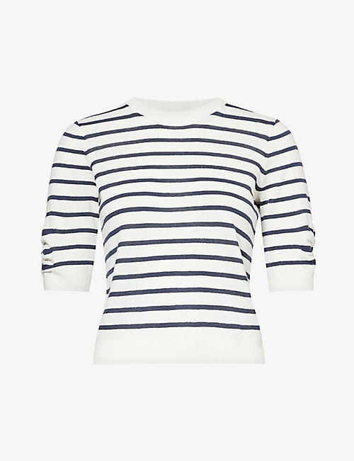 FRAME: Gathered-sleeve striped knitted jumper