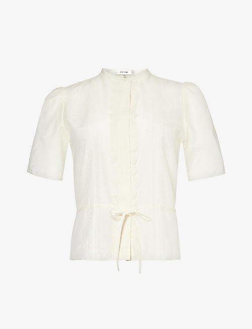 FRAME: Cinched-waist lace-trim cotton-blend blouse