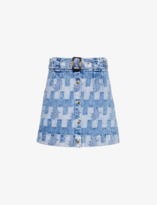 Barbour Womens Patchwork Denim Bowhill Belted Patterned-denim Mini Skirt