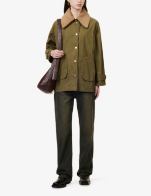 Shop Barbour Womens Dusky Green Hutton Showerproof Corduroy-collar Cotton Jacket