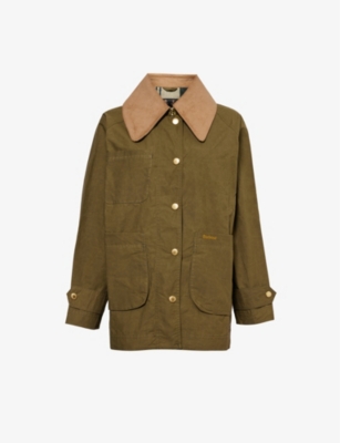 Shop Barbour Womens Dusky Green Hutton Showerproof Corduroy-collar Cotton Jacket