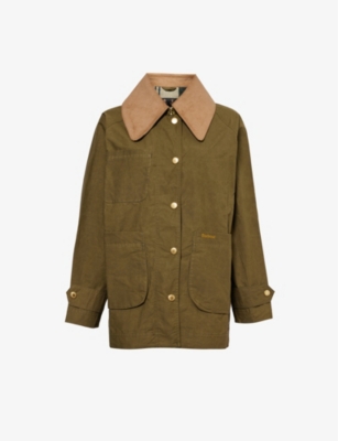 Shop Barbour Womens  Hutton Showerproof Corduroy-collar Cotton Jacket In Dusky Green