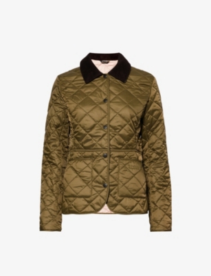 Barbour Womens Olive Pale Pink Deveron Quilted Slim-fit Shell Jacket