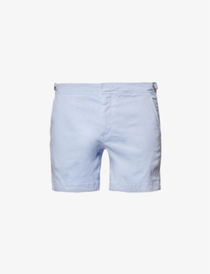 Shop Orlebar Brown Men's Soft Blue Buckled-waist Straight-leg Linen-blend Shorts