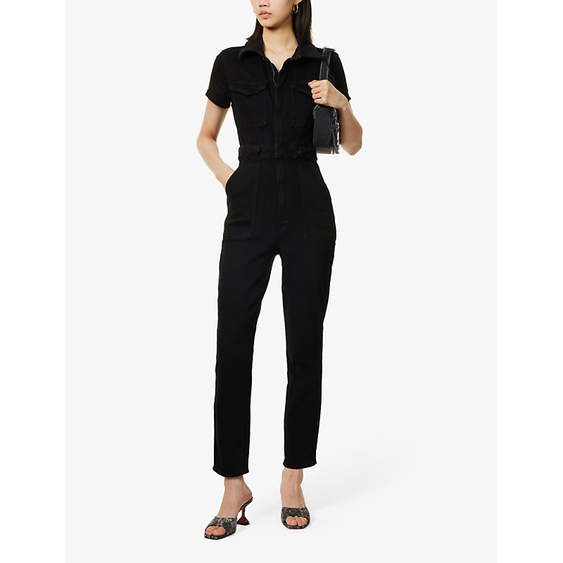 Shop Good American Women's Black001 Patch-pocket Straight-leg Stretch-denim Jumpsuit