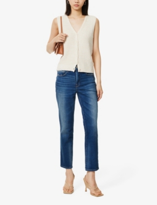 GOOD AMERICAN WOMENS GOOD AMERICAN CONTRAST-STITCH STRAIGHT-LEG HIGH-RISE STRETCH-DENIM JEANS 