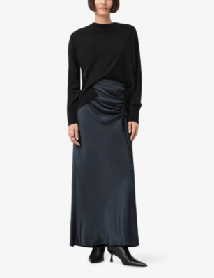 Allsaints Womens Collegiate Blu Alexia Side-tie High-rise Stretch-woven Midi Skirt In Blue