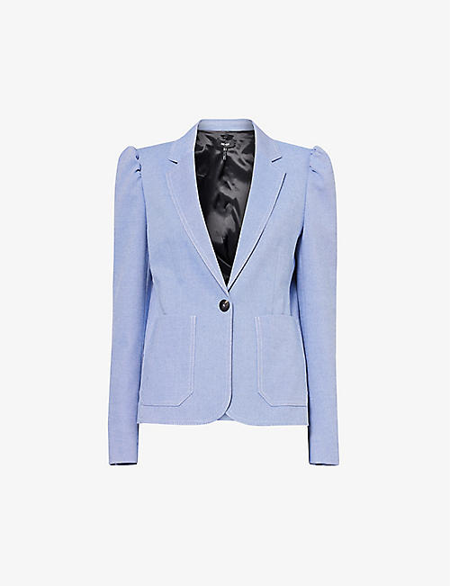ME AND EM: Padded puff-shoulder cotton-blend chambray blazer