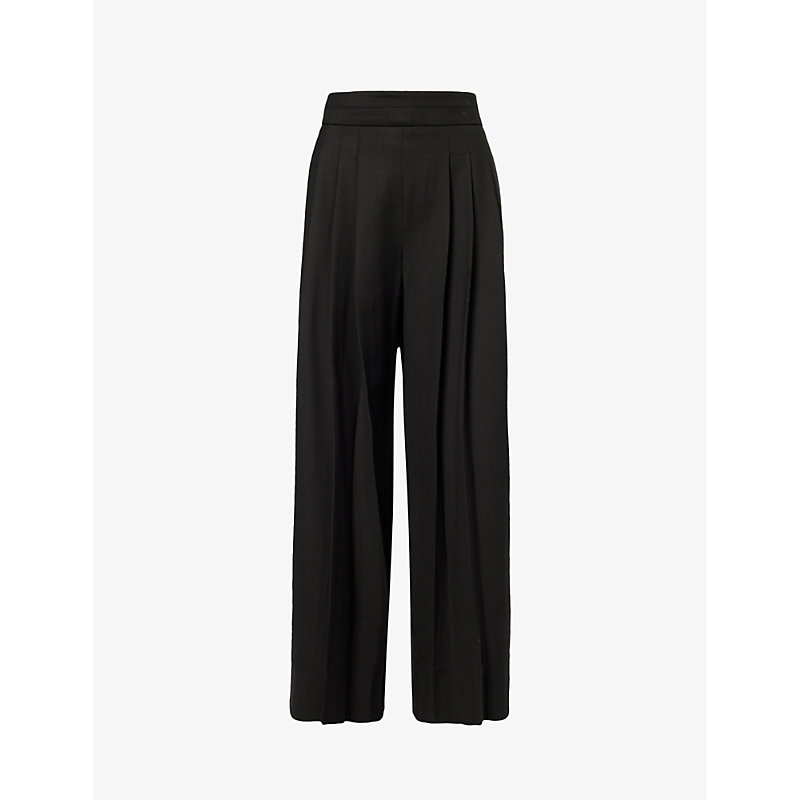 Me And Em Womens Black Pleated Wide-leg Stretch Recycled-polyester And Wool-blend Trousers