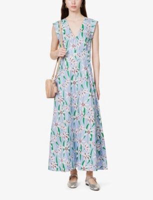 Shop Me And Em Floral-print Cotton Maxi Dress In Blue/light Cream/gre