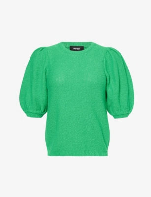 Me And Em Womens Spring Green Puffed-sleeve Cotton And Linen-blend Top