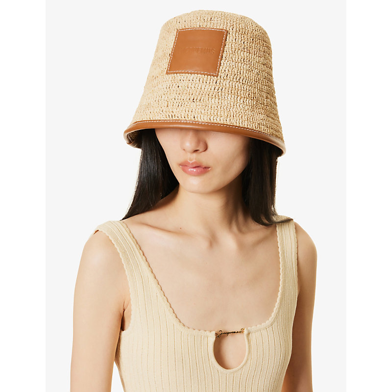Shop Jacquemus Le Bob Soli Brand-patch Raffia Bucket Hat In Light Brown 2