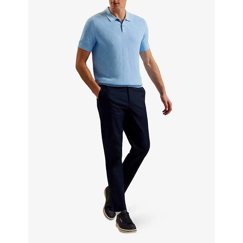 Shop Ted Baker Men's Pl-blue Ventar Diamond-knit Regular-fit Linen-blend Polo