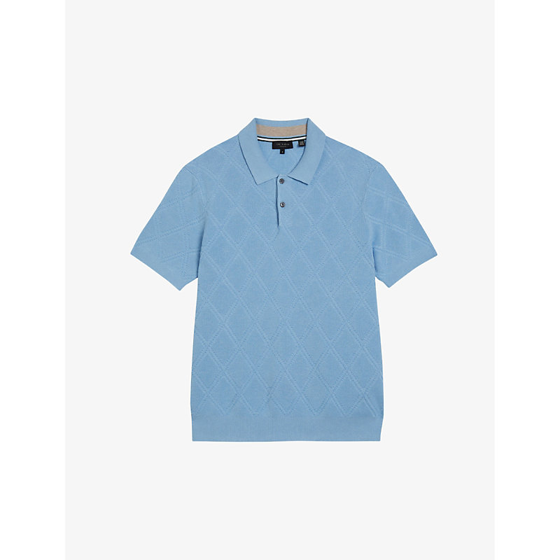 Shop Ted Baker Ventar Diamond-knit Regular-fit Linen-blend Polo In Pl-blue