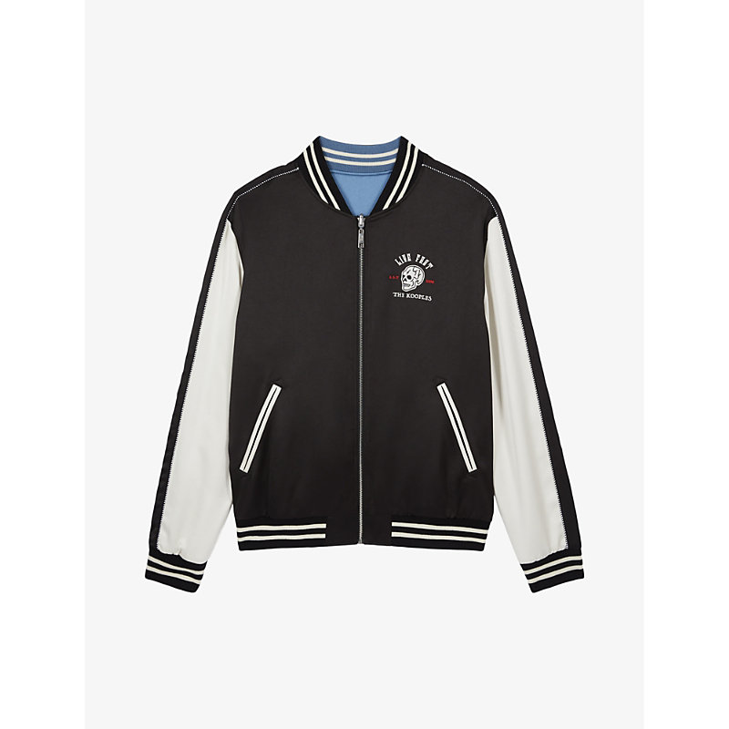The Kooples Mens Black Logo-patch Ribbed-collar Woven Varsity Jacket