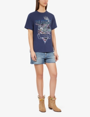 Shop The Kooples Women's Washed Navy Graphic-print Side-tie Cotton T-shirt