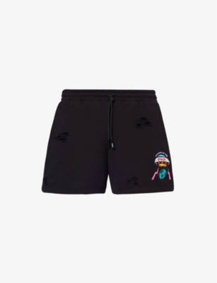 MEMBERS OF THE RAGE: Brand-embroidered distressed cotton-jersey shorts