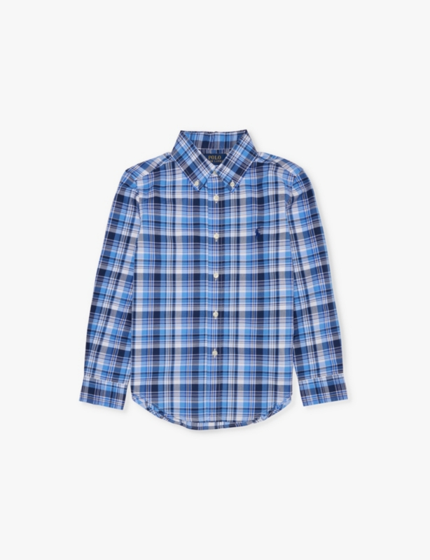 Boys' ogo-embroidered long-sleeve checked cotton-poplin shirt