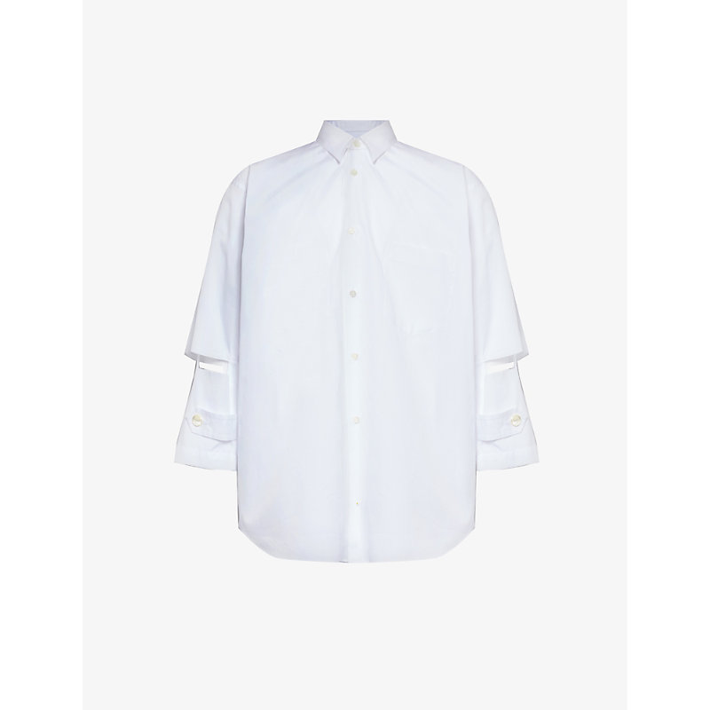 Black Comme Des Garcon Mens White Cut-out Panel Relaxed-fit Cotton-poplin Shirt